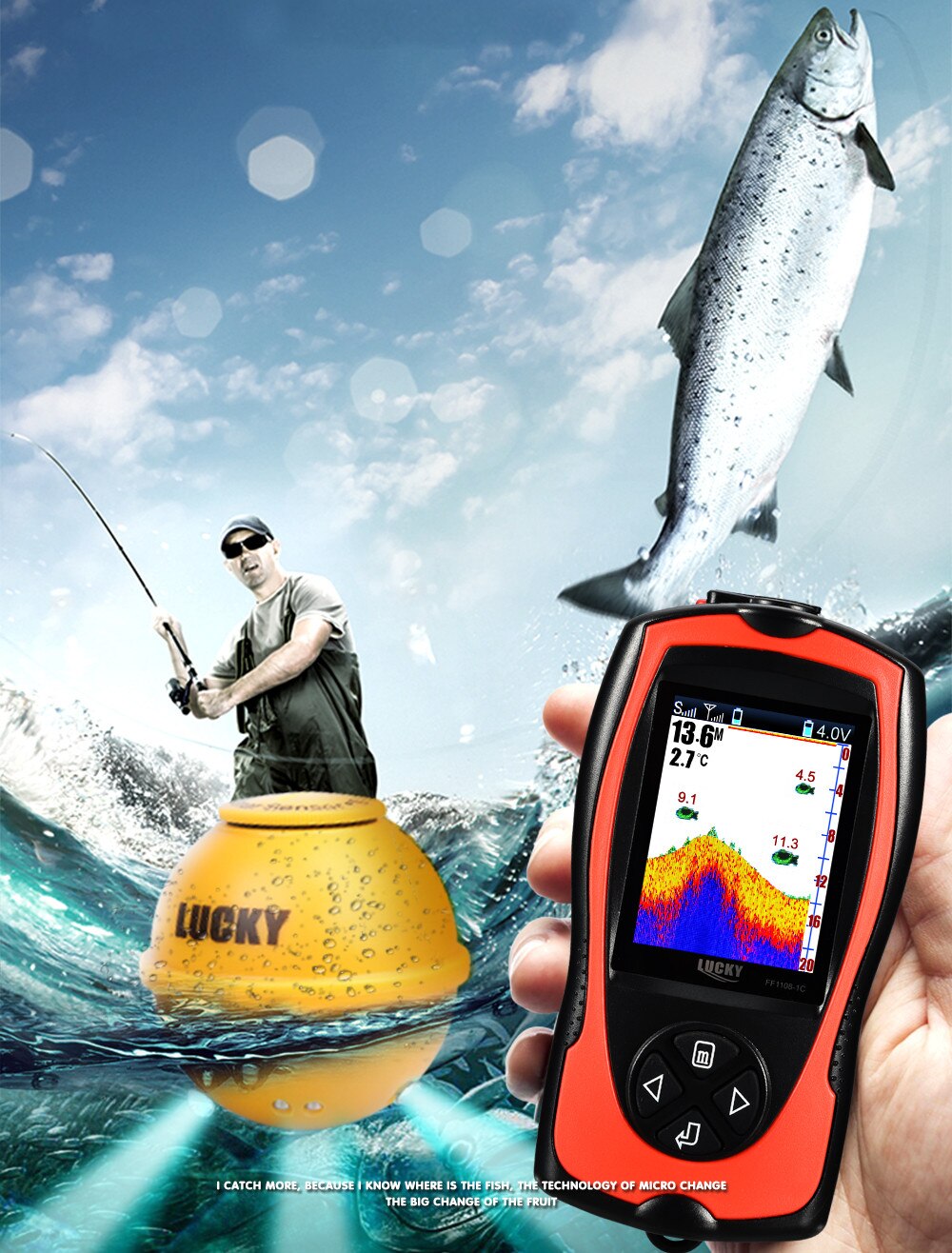 LUCKY FF1108-1CWLA Rechargeable Wireless Sonar for Fishing 45M Water Depth Echo Sounder Fishing Finder Portable Fish Finder