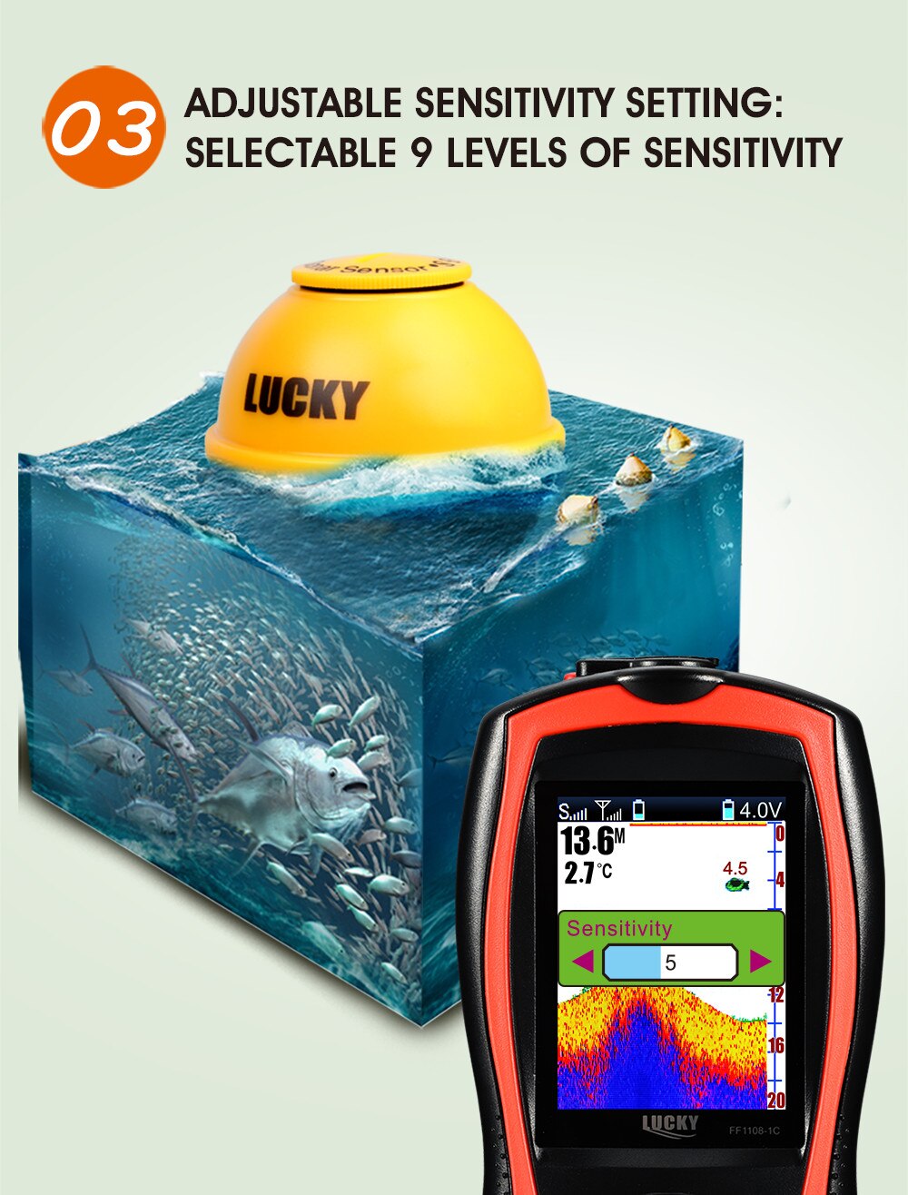 LUCKY FF1108-1CWLA Rechargeable Wireless Sonar for Fishing 45M Water Depth Echo Sounder Fishing Finder Portable Fish Finder
