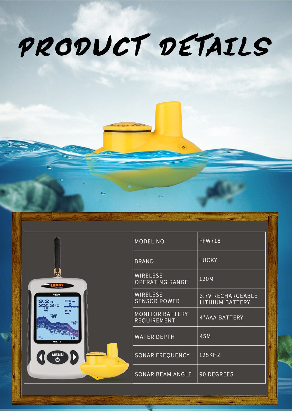Lucky FFW718& FFW718LA Wireless Portable Fish Finder 45M/135FT Sonar Depth Sounder Alarm Ocean River Lake Lucky FFW718& FFW718LA Wireless Portable Fish Finder 45M/135FT Sonar Depth Sounder Alarm Ocean River Lake