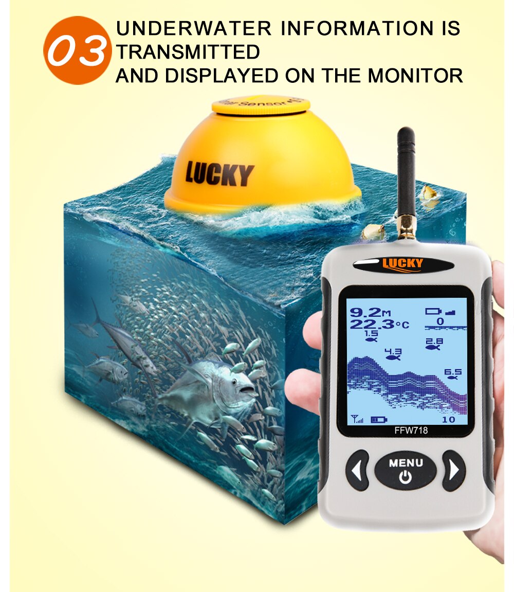 Lucky FFW718& FFW718LA Wireless Portable Fish Finder 45M/135FT Sonar Depth Sounder Alarm Ocean River Lake Lucky FFW718& FFW718LA Wireless Portable Fish Finder 45M/135FT Sonar Depth Sounder Alarm Ocean River Lake