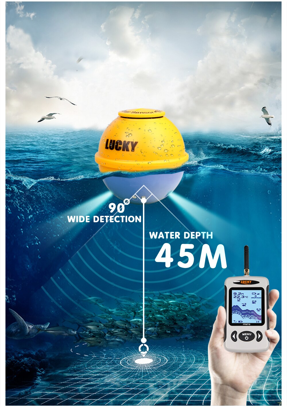 Lucky FFW718& FFW718LA Wireless Portable Fish Finder 45M/135FT Sonar Depth Sounder Alarm Ocean River Lake Lucky FFW718& FFW718LA Wireless Portable Fish Finder 45M/135FT Sonar Depth Sounder Alarm Ocean River Lake