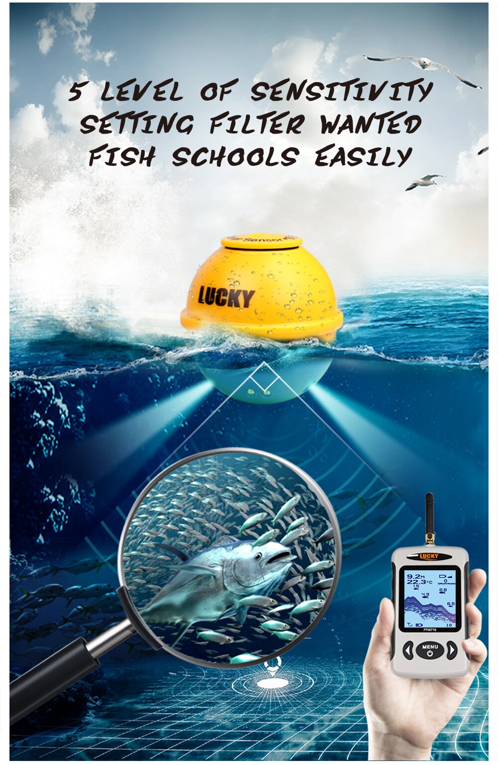 Lucky FFW718& FFW718LA Wireless Portable Fish Finder 45M/135FT Sonar Depth Sounder Alarm Ocean River Lake Lucky FFW718& FFW718LA Wireless Portable Fish Finder 45M/135FT Sonar Depth Sounder Alarm Ocean River Lake