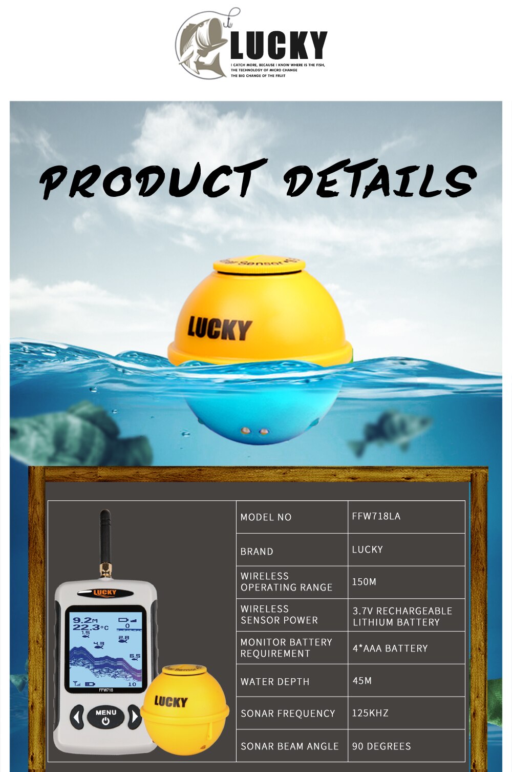 Lucky FFW718& FFW718LA Wireless Portable Fish Finder 45M/135FT Sonar Depth Sounder Alarm Ocean River Lake Lucky FFW718& FFW718LA Wireless Portable Fish Finder 45M/135FT Sonar Depth Sounder Alarm Ocean River Lake