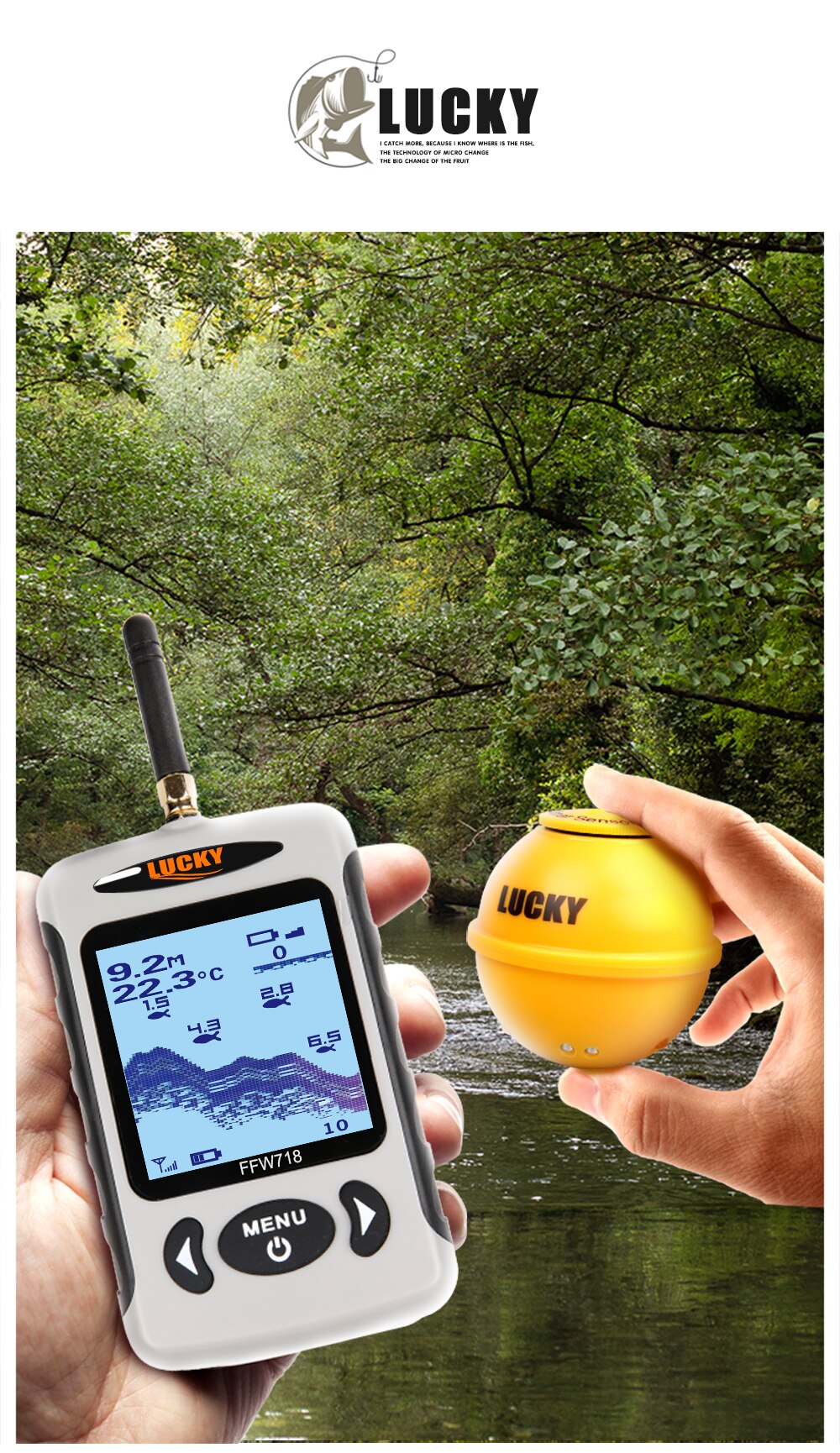 Lucky FFW718& FFW718LA Wireless Portable Fish Finder 45M/135FT Sonar Depth Sounder Alarm Ocean River Lake Lucky FFW718& FFW718LA Wireless Portable Fish Finder 45M/135FT Sonar Depth Sounder Alarm Ocean River Lake