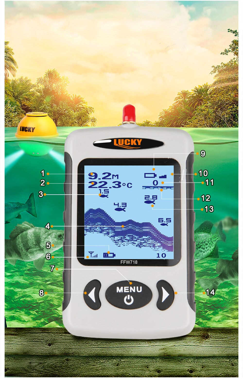 Lucky FFW718& FFW718LA Wireless Portable Fish Finder 45M/135FT Sonar Depth Sounder Alarm Ocean River Lake Lucky FFW718& FFW718LA Wireless Portable Fish Finder 45M/135FT Sonar Depth Sounder Alarm Ocean River Lake