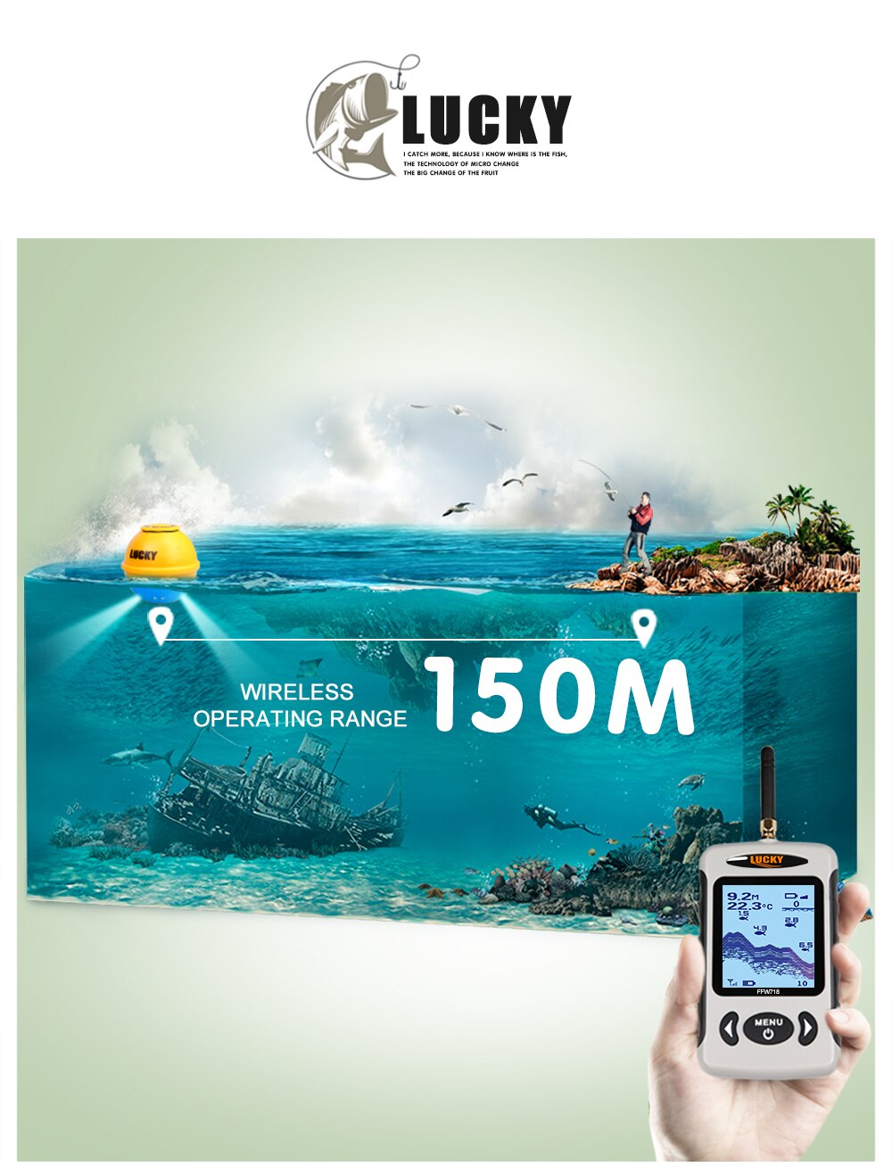 Lucky FFW718& FFW718LA Wireless Portable Fish Finder 45M/135FT Sonar Depth Sounder Alarm Ocean River Lake Lucky FFW718& FFW718LA Wireless Portable Fish Finder 45M/135FT Sonar Depth Sounder Alarm Ocean River Lake
