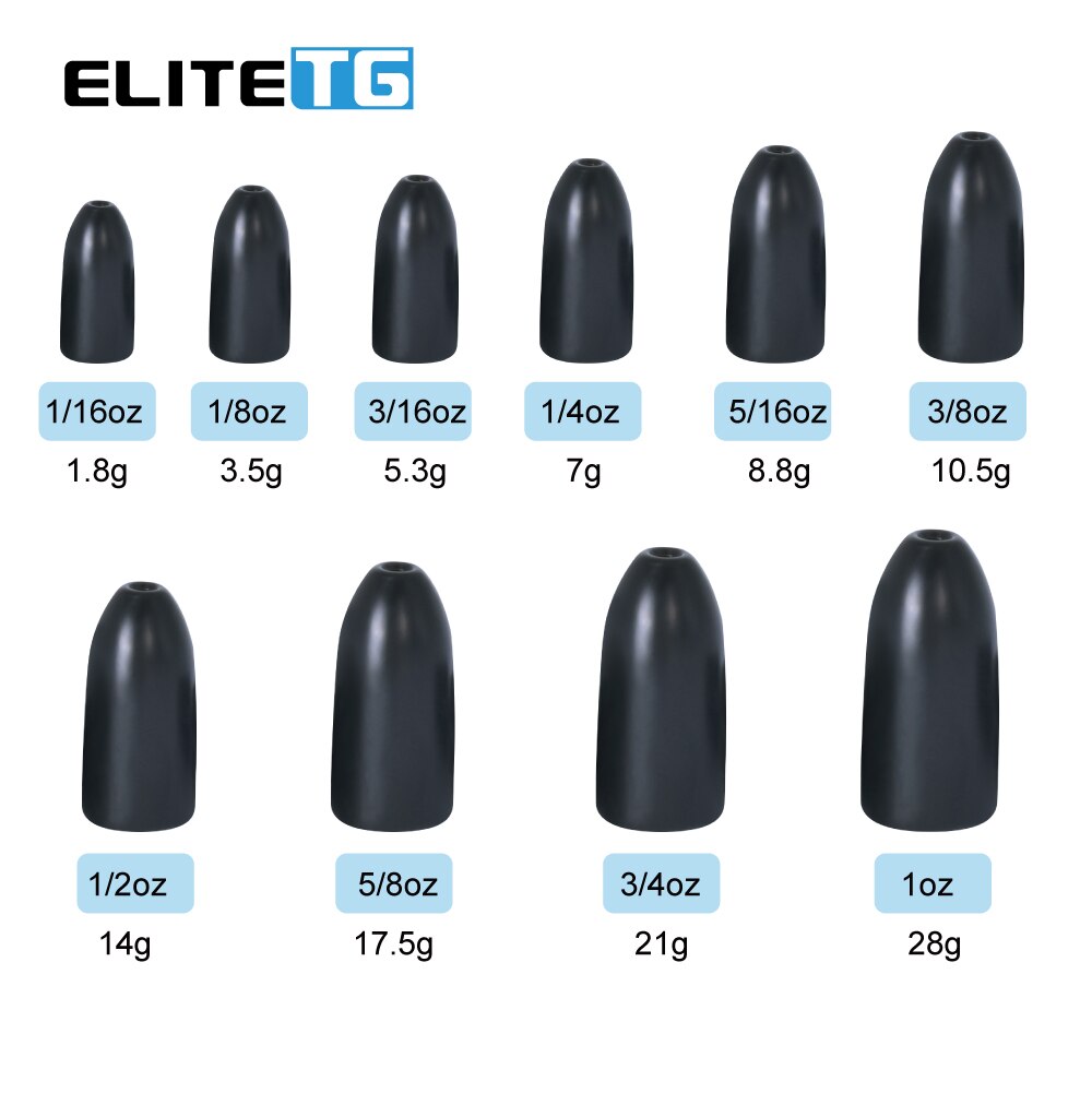 Elite TG 10PCS Matt Black Tungsten Sinker 1.8g-28g 1/16-1 Oz Bullet Bass Fishing  Texas Rig Fishing Lure Accessories