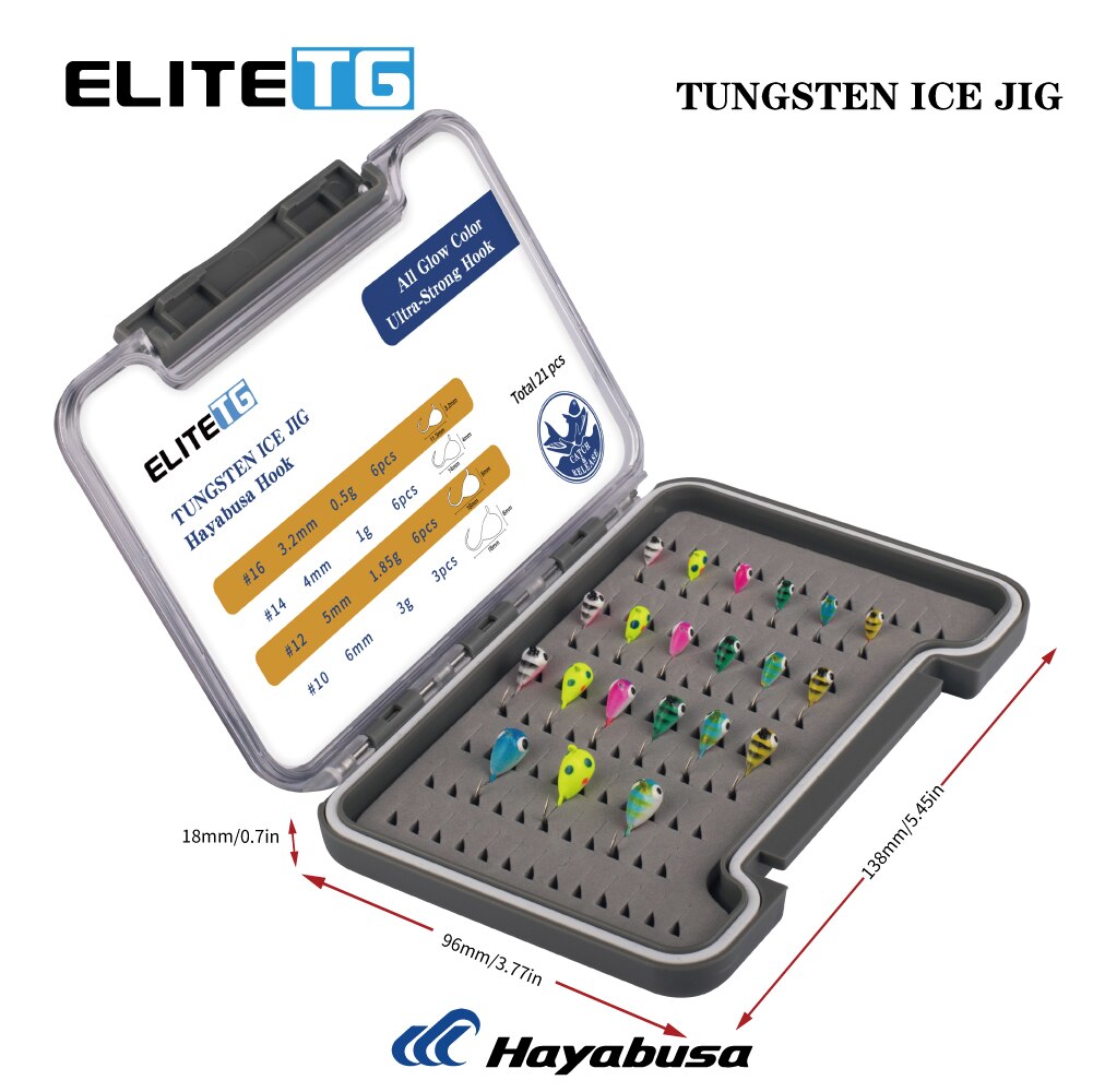 Elite TG 21PCS Tungsten Ice Fishing Jig Head Set,3.2mm 4mm 5mm 6mm Boxed All Glow Color 0.50G - 3.00G