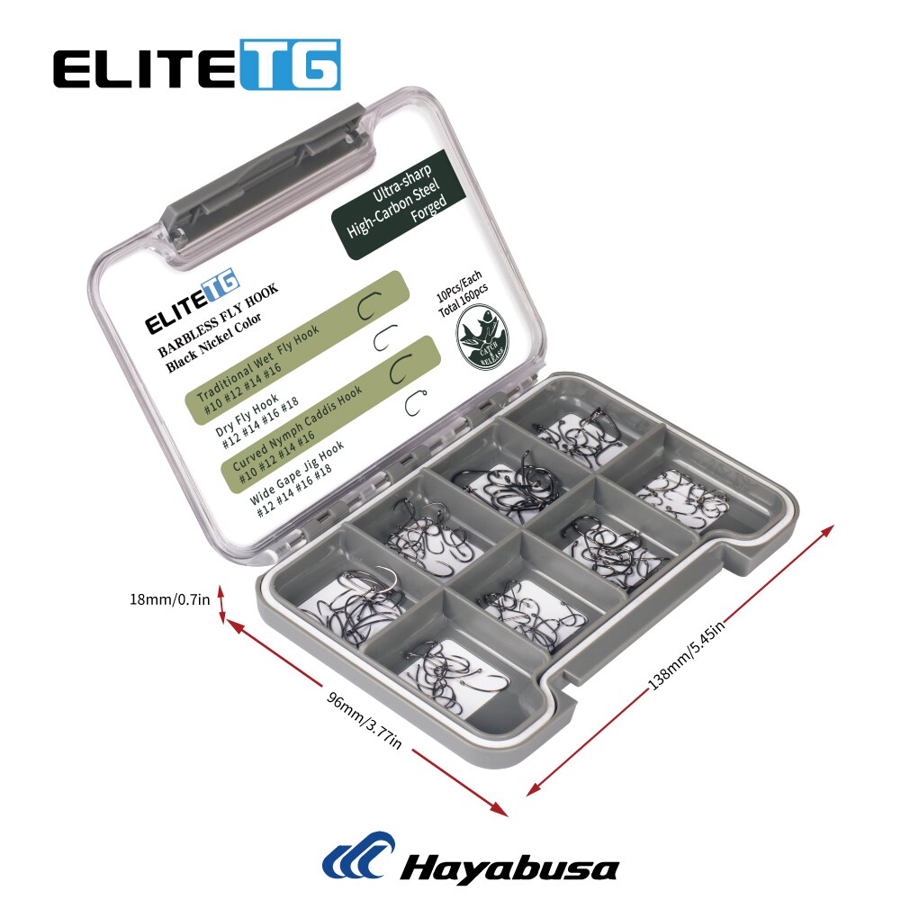 Elite TG 160PCS Fly Tying Hooks Set, #10#12#14#16#18,Fishing Dry Nymph Shirmp Wet Caddis,Barbless Fly Hook ,High-carbon Steel