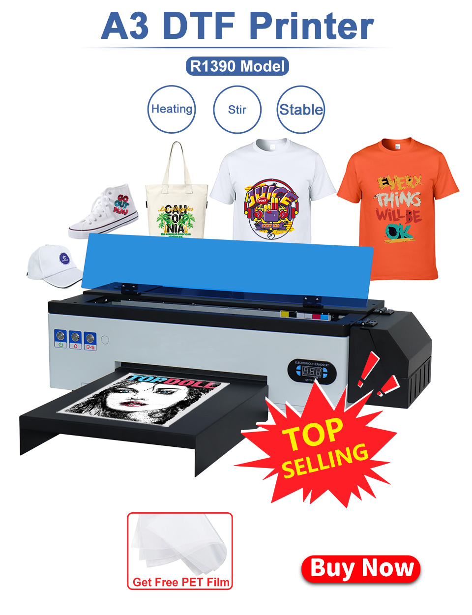 DTF Printer A3 DTF Transfer Film Printer R1390 DTF Printer For t shirt PET Film Print DTF Ink Powder A3T shirt Printing Machine