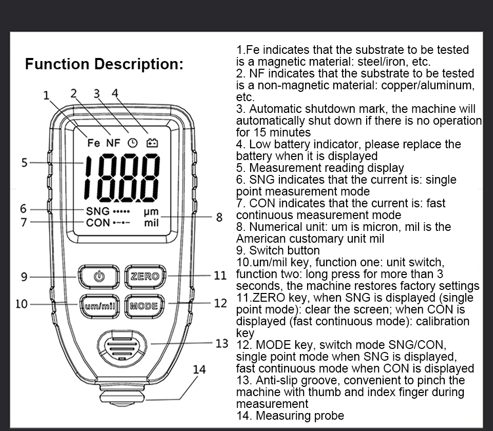 R&D TC100 Coating Thickness Gauge 0.1micron/0-1300 Car Paint Film Thickness Tester Measuring FE/NFE Russian Manual Paint Tool