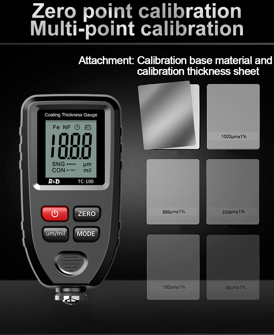 R&D TC100 Coating Thickness Gauge 0.1micron/0-1300 Car Paint Film Thickness Tester Measuring FE/NFE Russian Manual Paint Tool