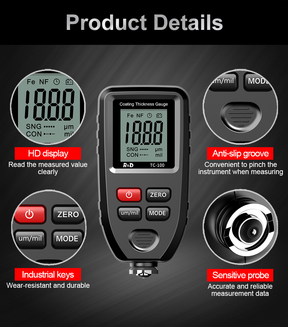 R&D TC100 Coating Thickness Gauge 0.1micron/0-1300 Car Paint Film Thickness Tester Measuring FE/NFE Russian Manual Paint Tool