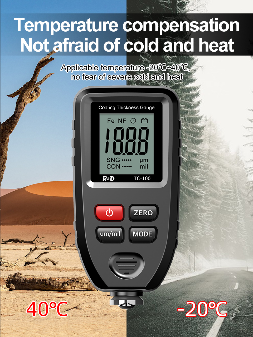 R&D TC100 Coating Thickness Gauge 0.1micron/0-1300 Car Paint Film Thickness Tester Measuring FE/NFE Russian Manual Paint Tool