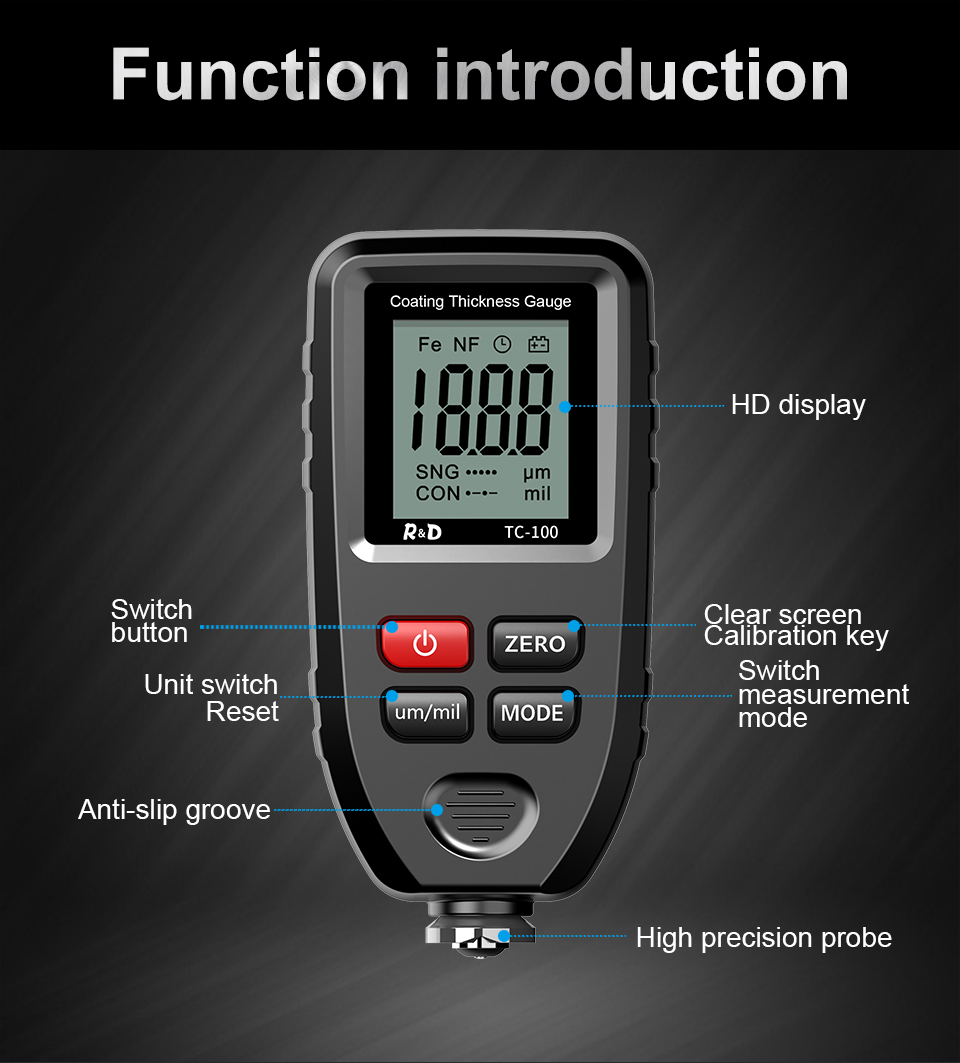 R&D TC100 Coating Thickness Gauge 0.1micron/0-1300 Car Paint Film Thickness Tester Measuring FE/NFE Russian Manual Paint Tool