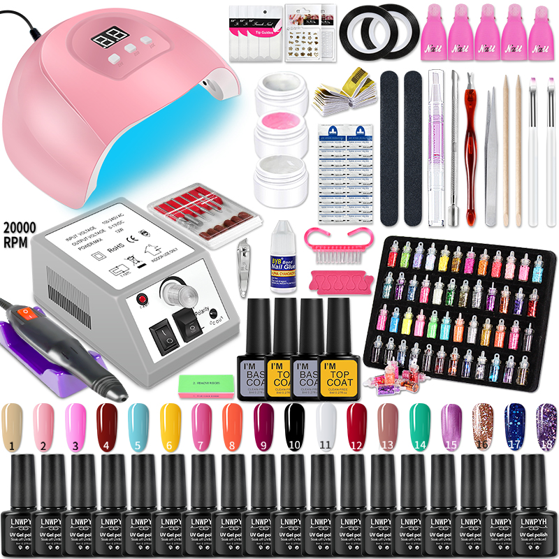 Manicure Set Acrylic Nail Kit With LED Nail Lamp Semi Permanent Varnish Acrylic Extension Gel Kit Electric Nail Drill Nail Tool