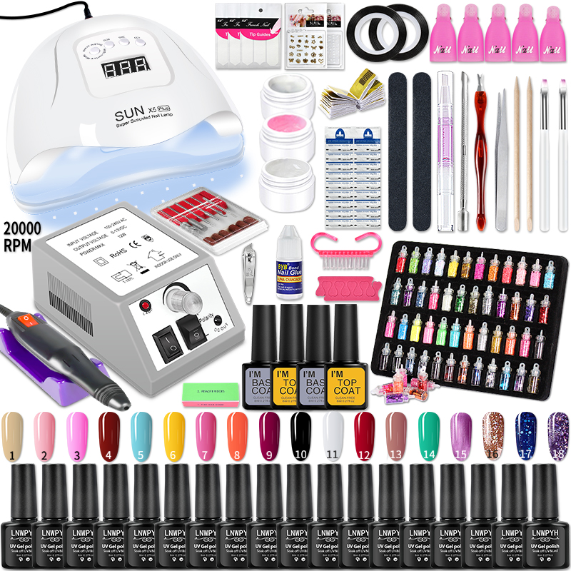 Manicure Set Acrylic Nail Kit With LED Nail Lamp Semi Permanent Varnish Acrylic Extension Gel Kit Electric Nail Drill Nail Tool