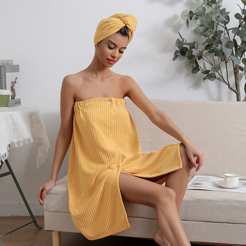 Microfiber bathrobe shower cap combination women's absorbent quick dry wipe hair soft sauna beach dry hair cap bath skirt