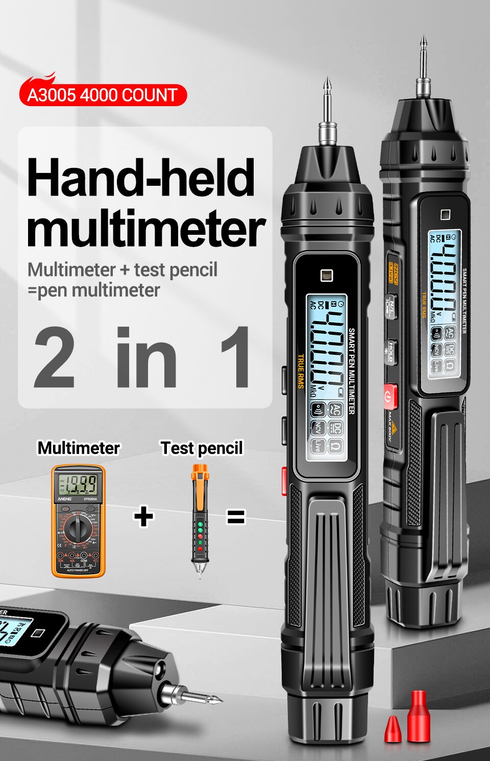 ANENG A3005 Digital Multimeter Pen Type 4000 Counts Professional Meter Non-Contact Auto AC/DC Voltage Ohm Diode Tester For Tool