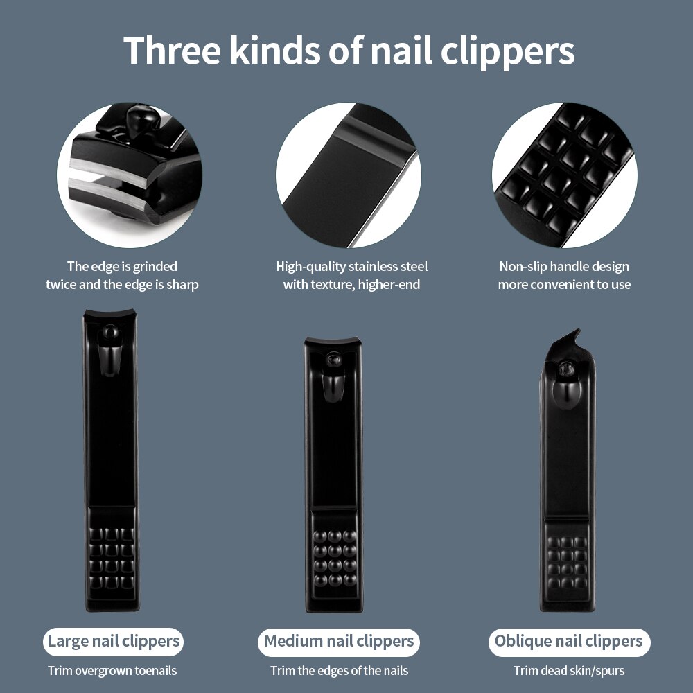 Black Nail Clipper Set Stainless Steel Manicure Nail Scissors Pedicure Kit Nippers Trimmer Care Tool With Travel Case Kit Black Nail Clipper Set Stainless Steel Manicure Nail Scissors Pedicure Kit Nippers Trimmer Care Tool With Travel Case Kit