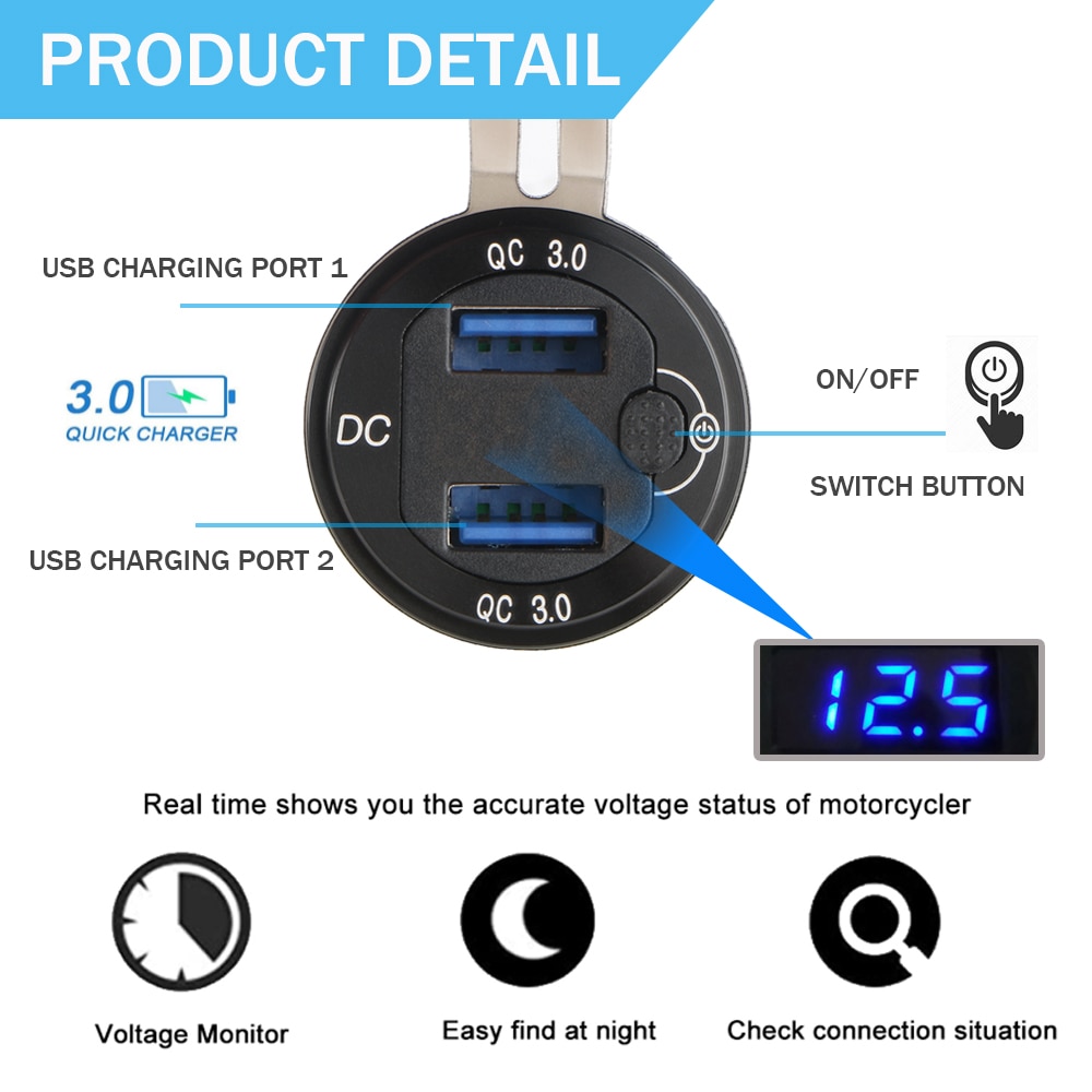 Motorcycle Aluminium DIN Hella Plug Dual USB Quick Charger Adapter LED Display For BMW R1250GS G650GS F800 GS GT R1200GS K1200LT Motorcycle Aluminium DIN Hella Plug Dual USB Quick Charger Adapter LED Display For BMW R1250GS G650GS F800 GS GT R1200GS K1200LT