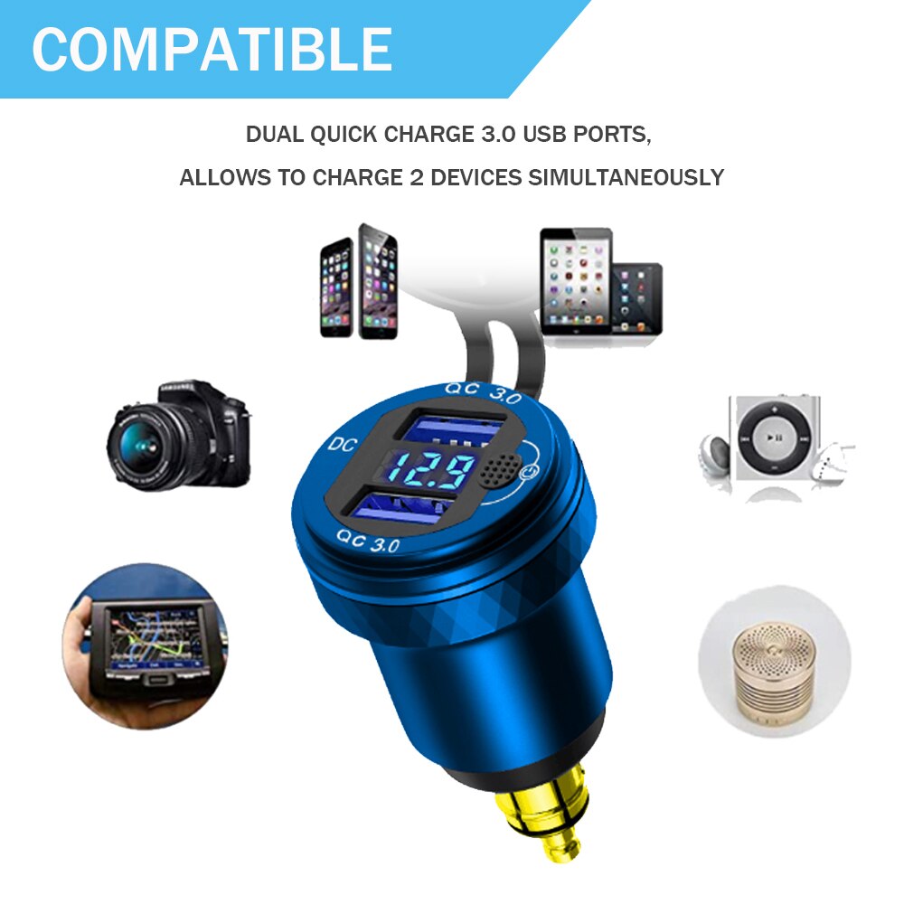Motorcycle Aluminium DIN Hella Plug Dual USB Quick Charger Adapter LED Display For BMW R1250GS G650GS F800 GS GT R1200GS K1200LT