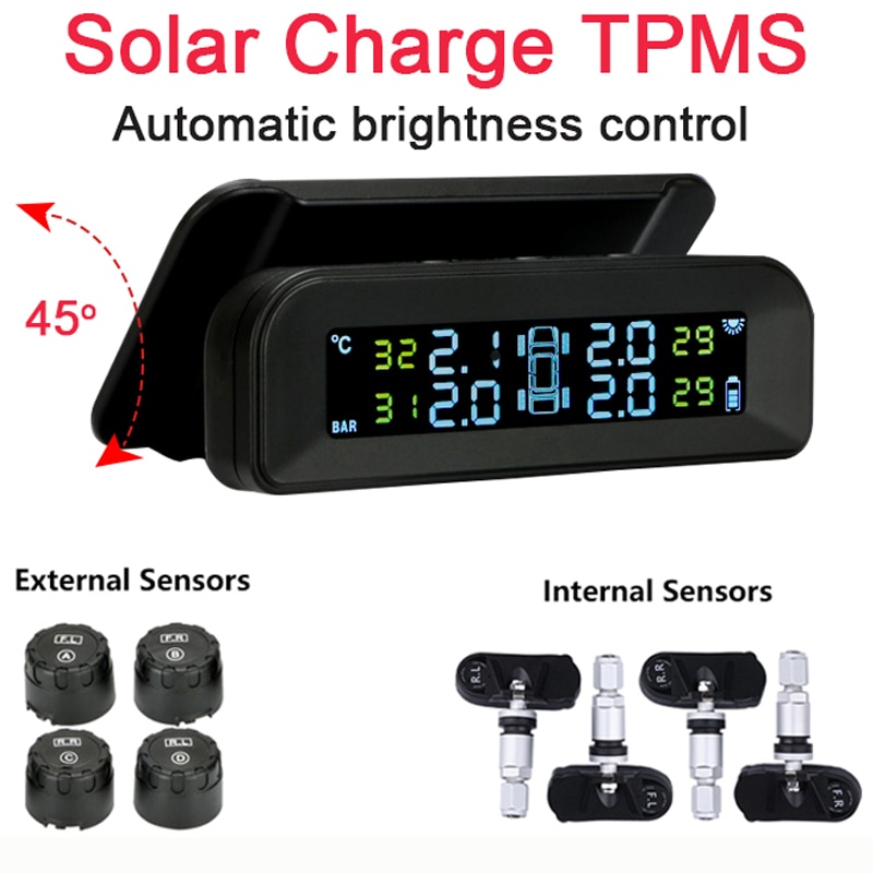 Smart car TPMS tire pressure monitoring system solar digital clock LCD display car tire pressure temperature safety alarm system Smart car TPMS tire pressure monitoring system solar digital clock LCD display car tire pressure temperature safety alarm system