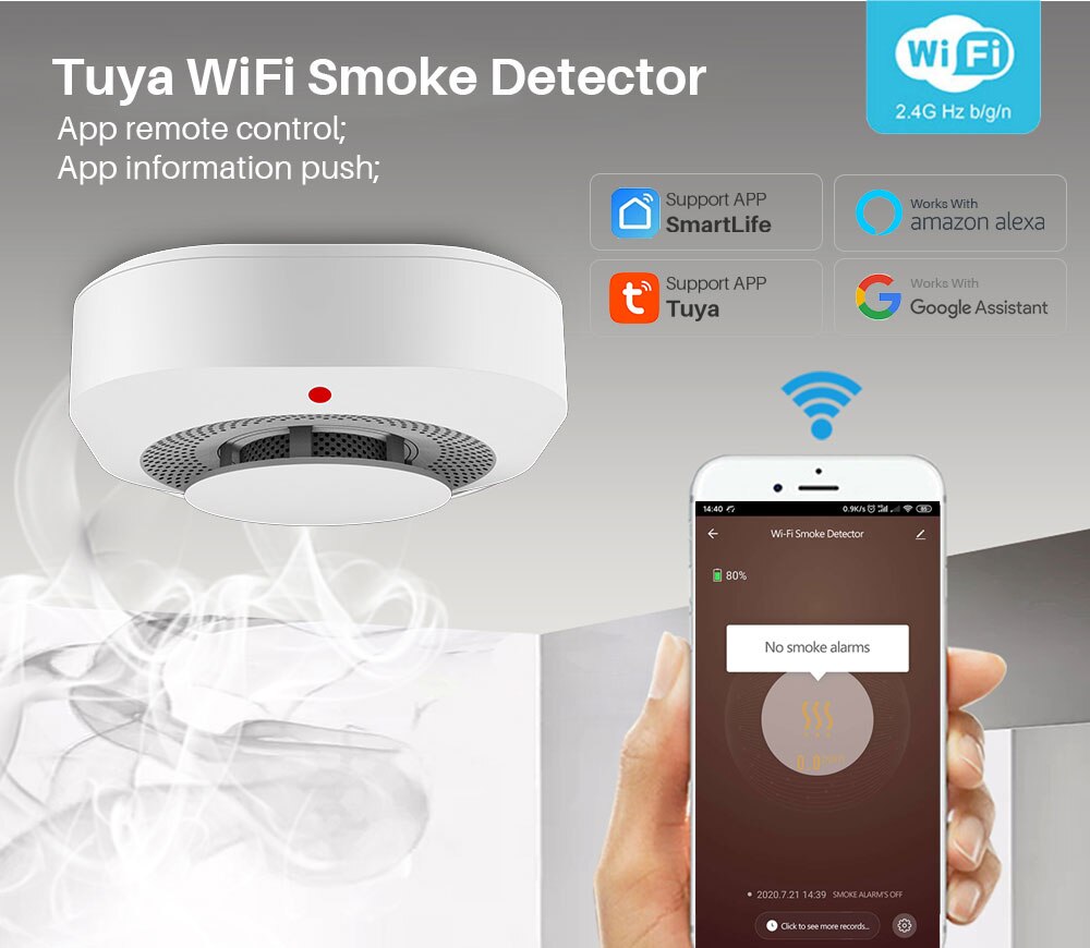 Smart Wifi Smoke Detector Sensor 80DB Alarm Fire Smart Smoke Detector Wifi Fire Protection Home Security Alarm Smart Life Smart Wifi Smoke Detector Sensor 80DB Alarm Fire Smart Smoke Detector Wifi Fire Protection Home Security Alarm Smart Life