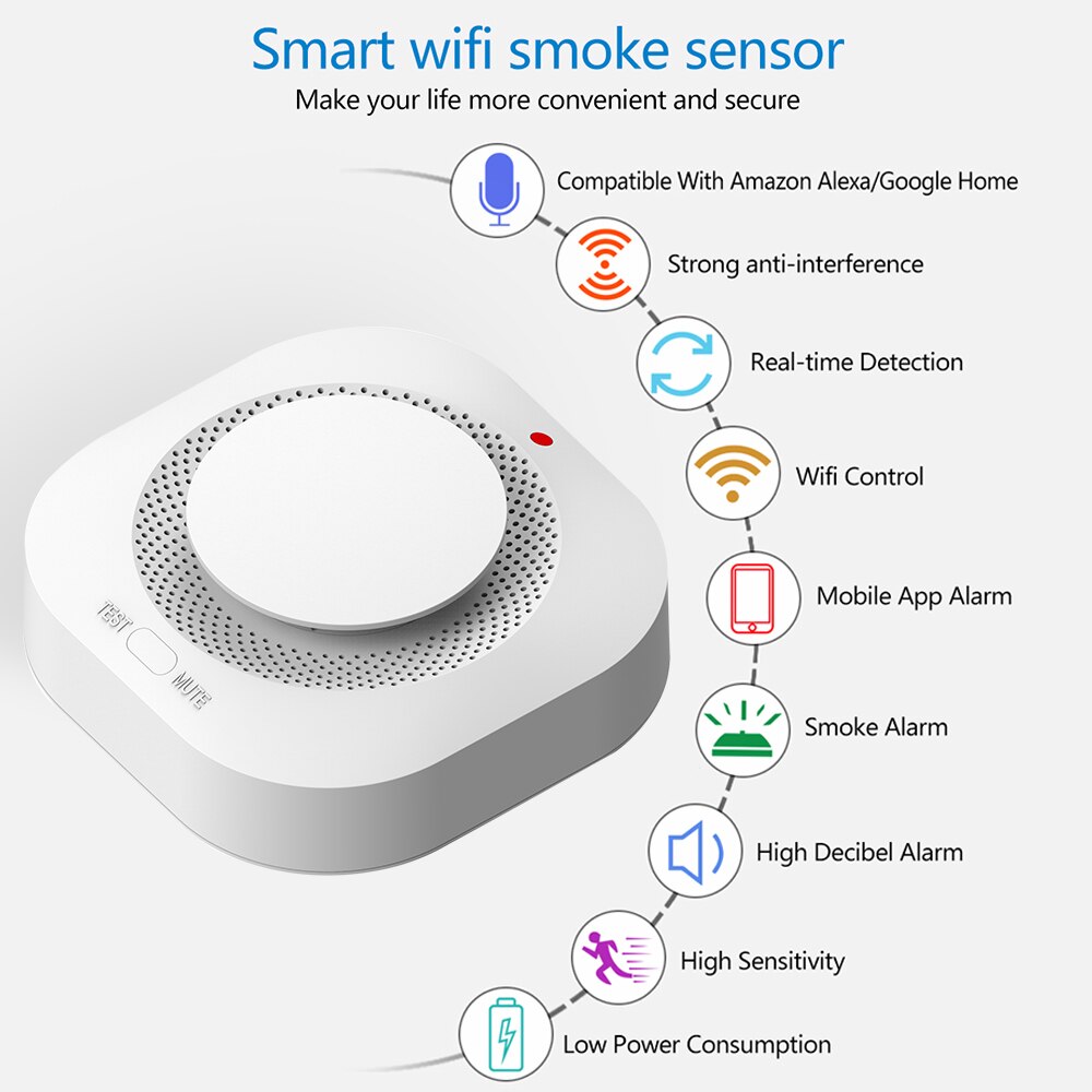 Smart Wifi Smoke Detector Sensor 80DB Alarm Fire Smart Smoke Detector Wifi Fire Protection Home Security Alarm Smart Life Smart Wifi Smoke Detector Sensor 80DB Alarm Fire Smart Smoke Detector Wifi Fire Protection Home Security Alarm Smart Life