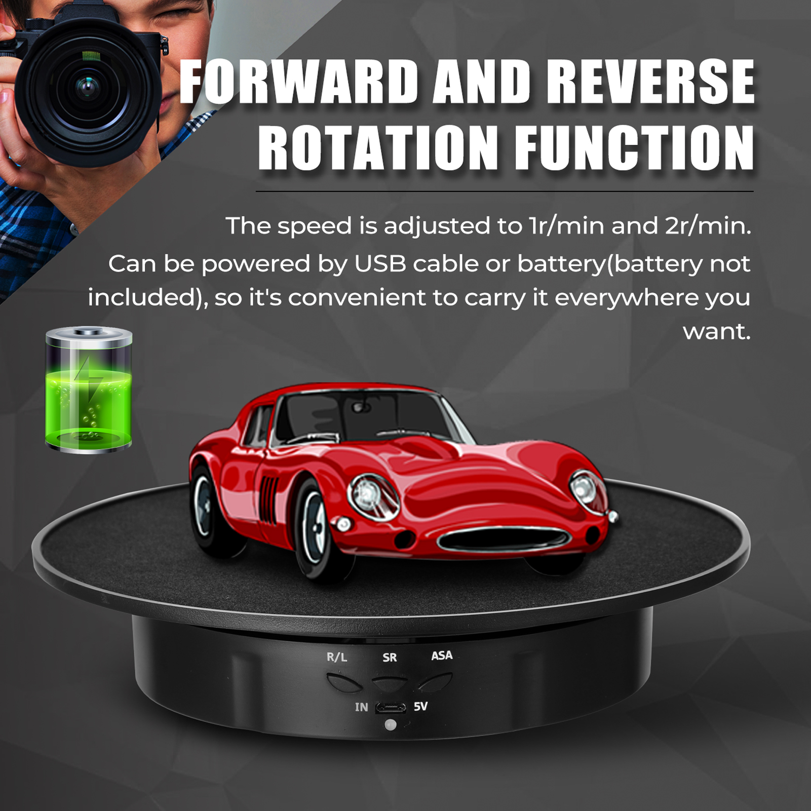 3 Speeds Electric Rotating Display Stand Mirror 360 Degree Turntable Jewelry Holder Battery for Photography Video Shooting Props