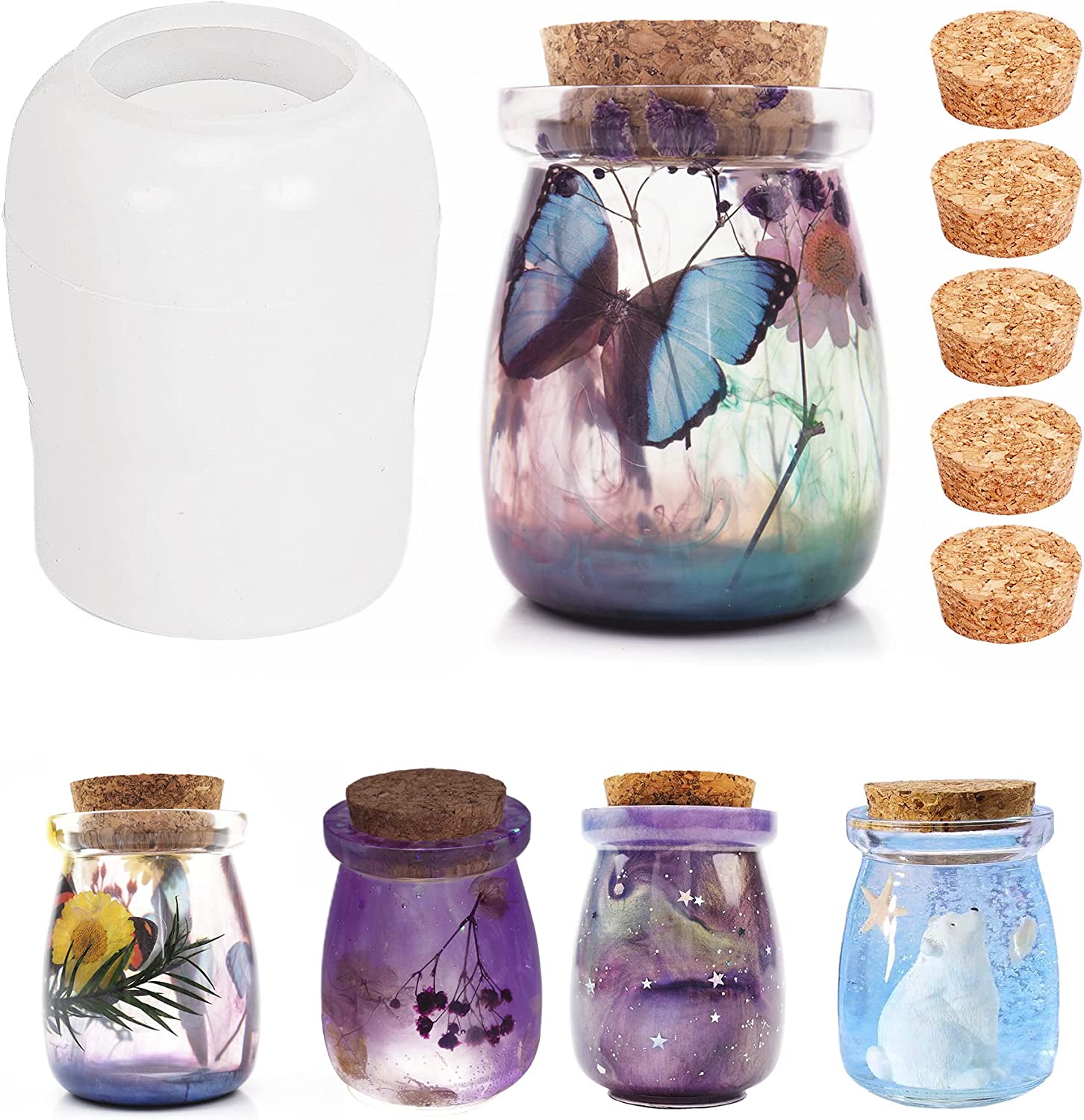 Jar Resin Molds Silicone with 5pcs Cork Lids, Cute Bottle Silicone Molds for Epoxy Resin, DIY Molds for Stash Jar, Storage Bottl