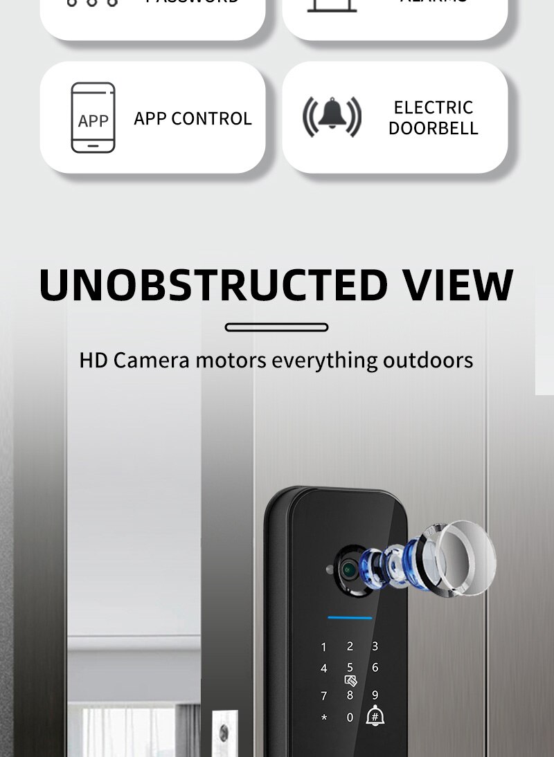 XSDTS Tuya Wifi Digital Electronic Smart Door Lock With Biometric Camera Fingerprint Smart Card Password Key Unlock