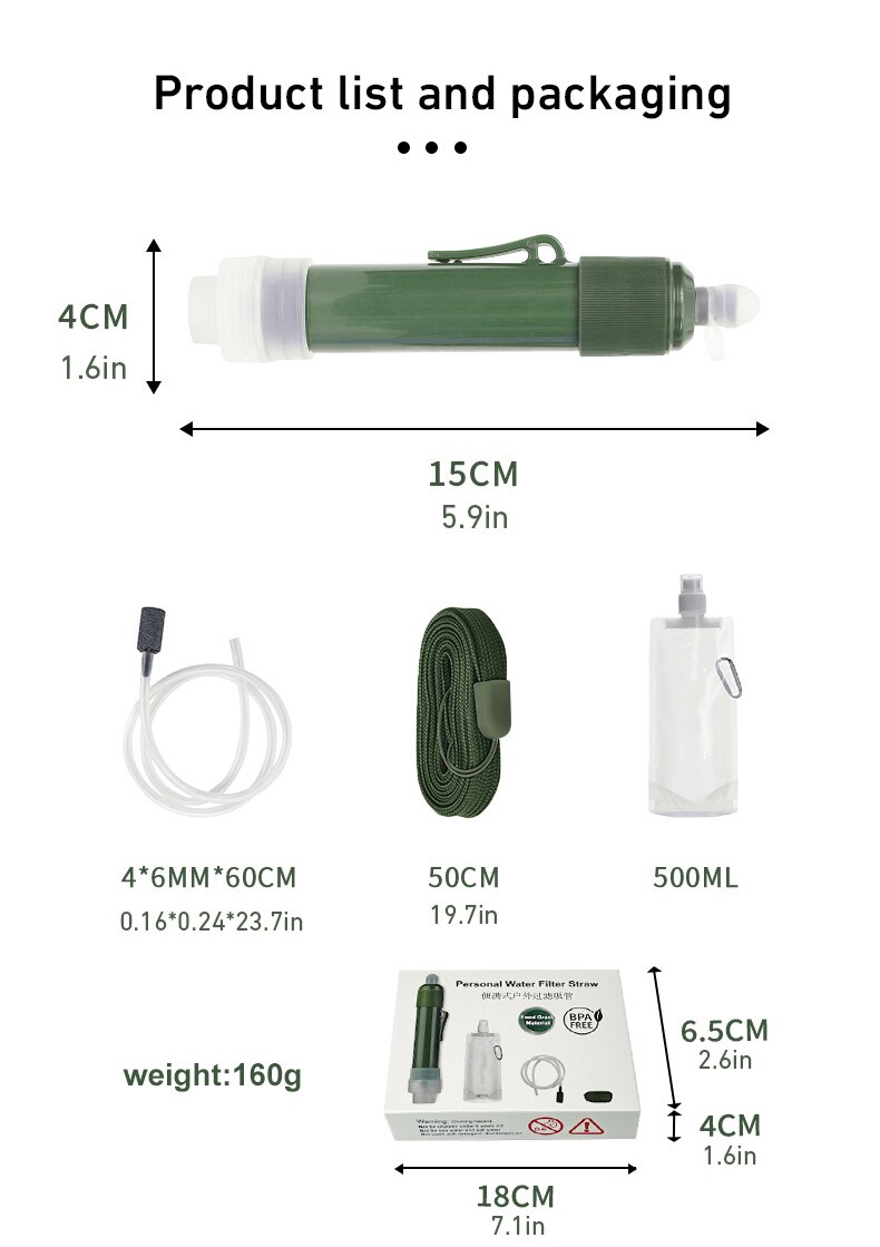 Mini Camping Purification Water Filter Straw TUP Carbon Fiber Water Bag for Survival or Emergency Supplies