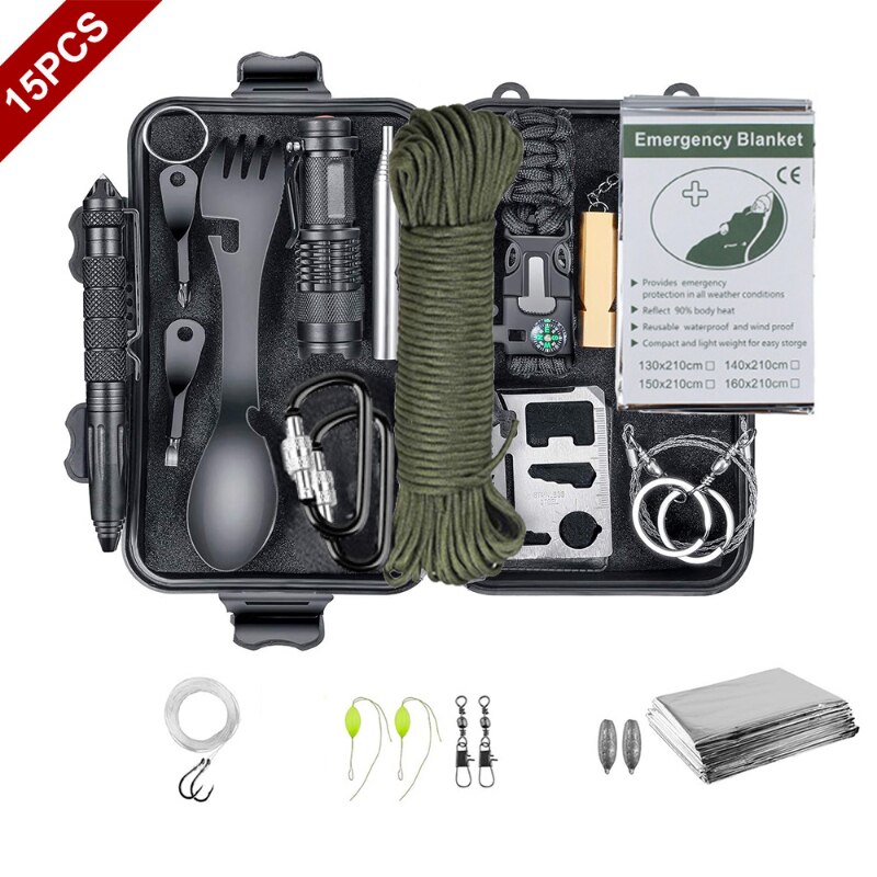 15 IN 1 Emergency Survival Kit Gear Camping Travel Multifunction Defense Equipment First Aid SOS Wilderness Adventure 15 IN 1 Emergency Survival Kit Gear Camping Travel Multifunction Defense Equipment First Aid SOS Wilderness Adventure