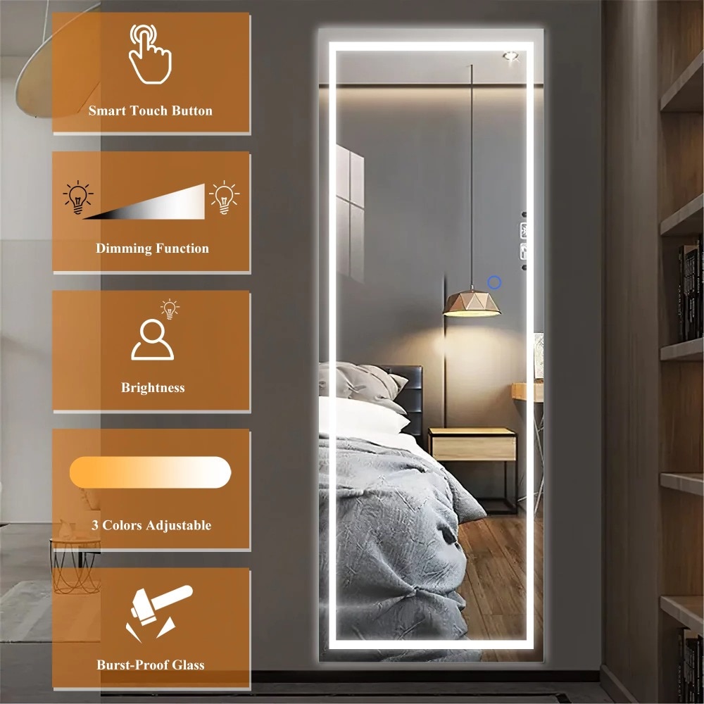 63″x16″ LED Floor Mirror Aluminum Alloy Frame Right Angle Full Length Mirror with Bracket,Slive 63