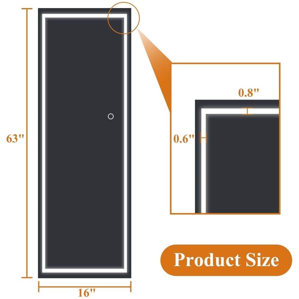 63″x16″ LED Floor Mirror Aluminum Alloy Frame Right Angle Full Length Mirror with Bracket,Slive 63