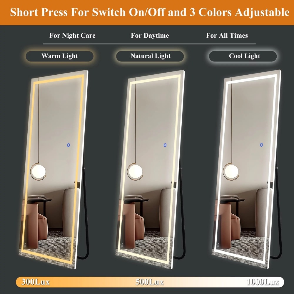 63″x16″ LED Floor Mirror Aluminum Alloy Frame Right Angle Full Length Mirror with Bracket,Slive 63