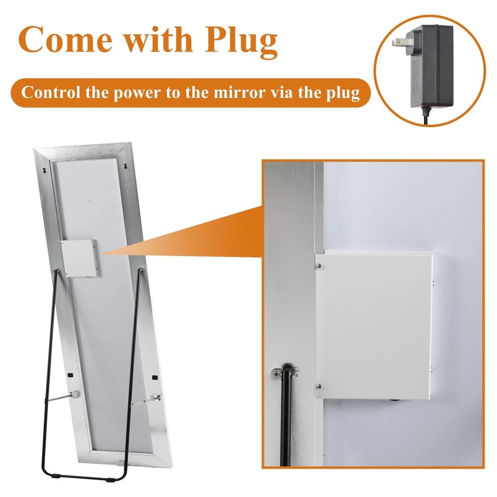 63″x16″ LED Floor Mirror Aluminum Alloy Frame Right Angle Full Length Mirror with Bracket,Slive 63