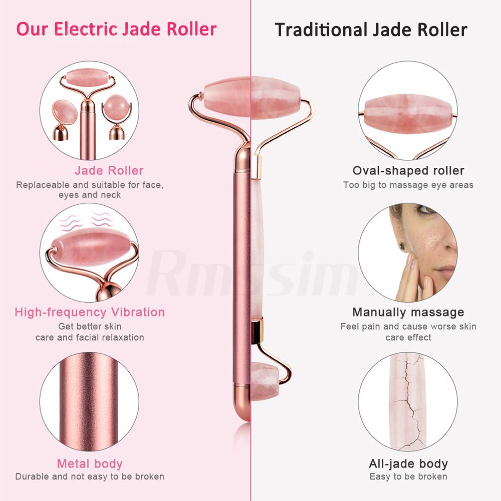 New Electric Vibrating Jade Roller Massager For Slimming Face Lifting Rose Quartz 3D Roller Stone Facial Skin Care Beauty Tool