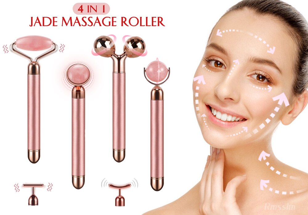 New Electric Vibrating Jade Roller Massager For Slimming Face Lifting Rose Quartz 3D Roller Stone Facial Skin Care Beauty Tool