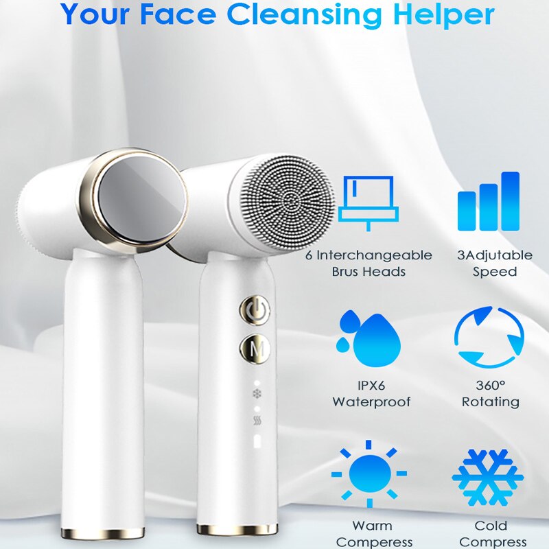 6 In 1 Ultrasonic Facial Cleansing Brush Electric Auto Rotating Waterproof Face Skin Acne Pore Cleaner Blackhead Removal Machine