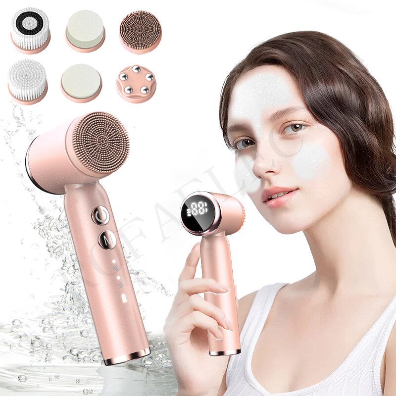 6 In 1 Ultrasonic Facial Cleansing Brush Electric Auto Rotating Waterproof Face Skin Acne Pore Cleaner Blackhead Removal Machine 6 In 1 Ultrasonic Facial Cleansing Brush Electric Auto Rotating Waterproof Face Skin Acne Pore Cleaner Blackhead Removal Machine