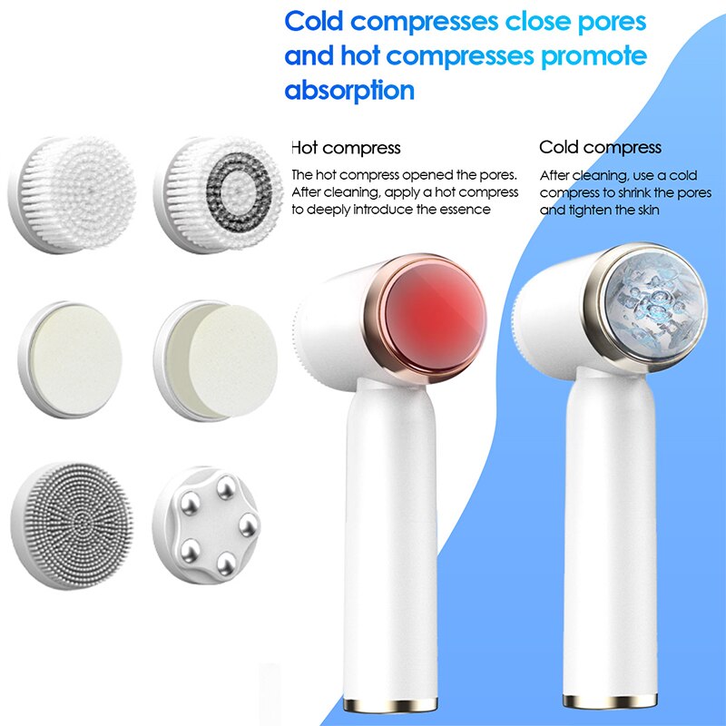 6 In 1 Ultrasonic Facial Cleansing Brush Electric Auto Rotating Waterproof Face Skin Acne Pore Cleaner Blackhead Removal Machine