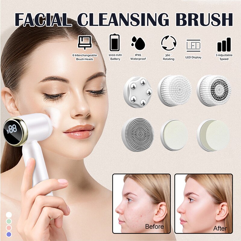 6 In 1 Ultrasonic Facial Cleansing Brush Electric Auto Rotating Waterproof Face Skin Acne Pore Cleaner Blackhead Removal Machine 6 In 1 Ultrasonic Facial Cleansing Brush Electric Auto Rotating Waterproof Face Skin Acne Pore Cleaner Blackhead Removal Machine