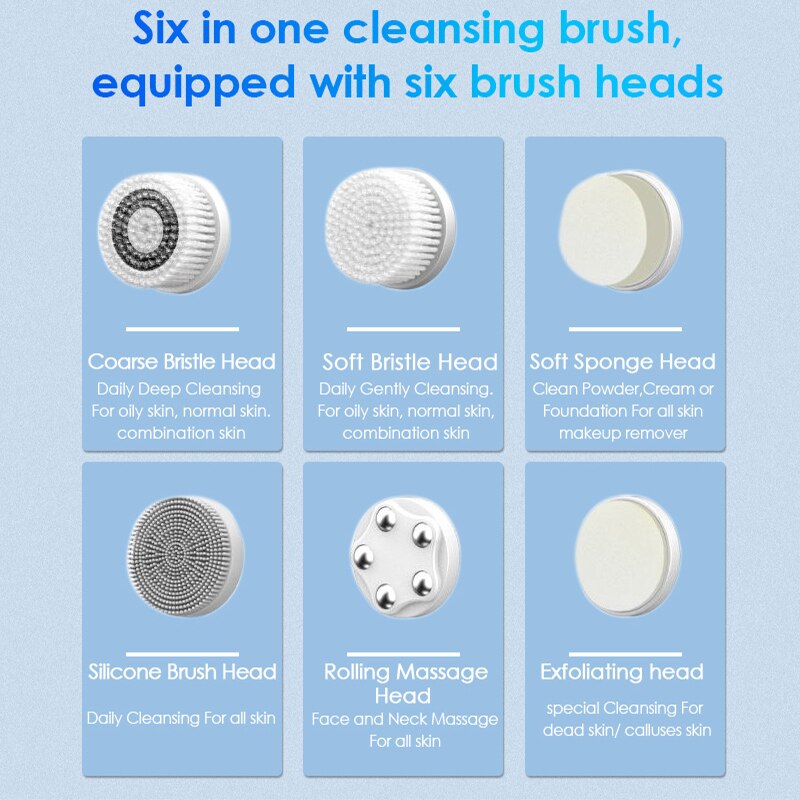 6 In 1 Ultrasonic Facial Cleansing Brush Electric Auto Rotating Waterproof Face Skin Acne Pore Cleaner Blackhead Removal Machine