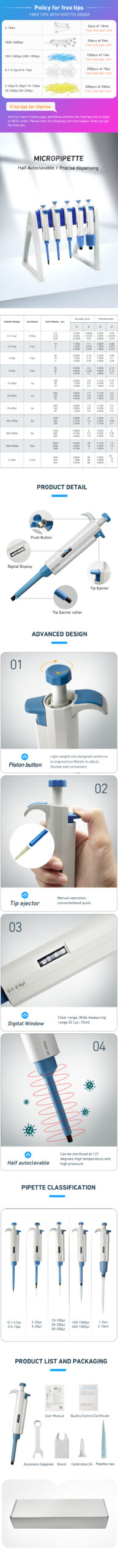 0.5ul-10ml Micro Pipette Gun Lab Single Channel Digital Adjustable Volume Micropipette With Pipette Tips