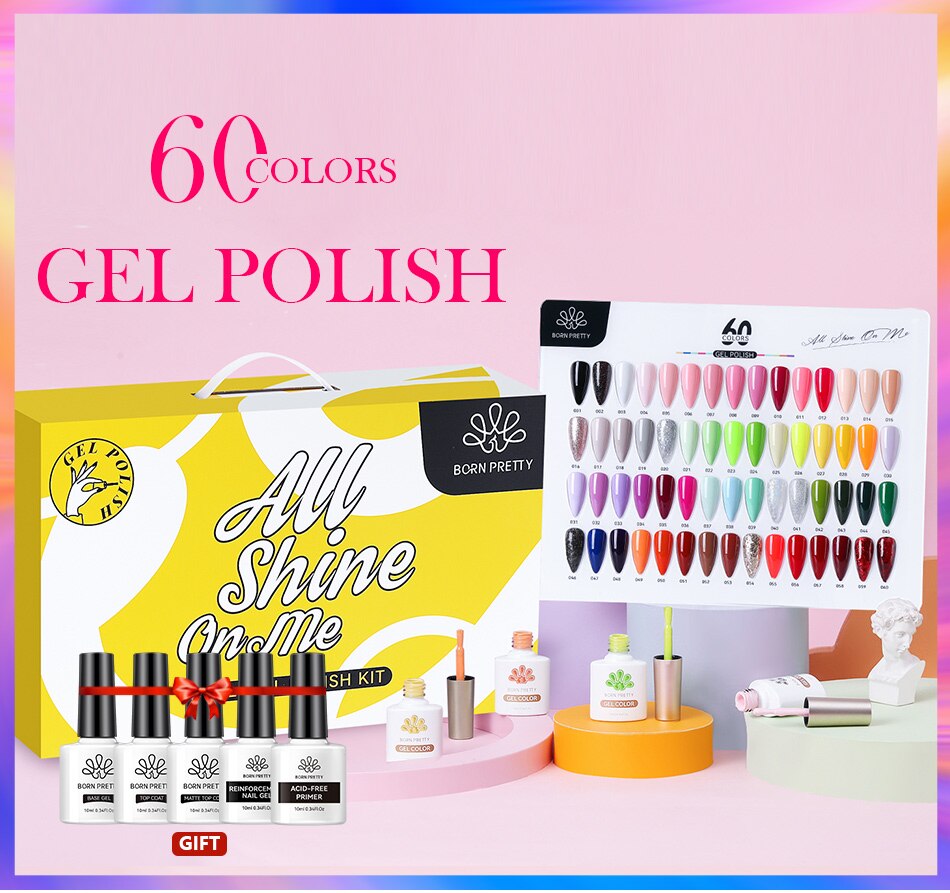 BORN PRETTY 65Pcs/Set 10ml Nail Gel Polish Spring Color Glitter Sequins Varnish Soak Off UV Nail Art Gel Full Kits