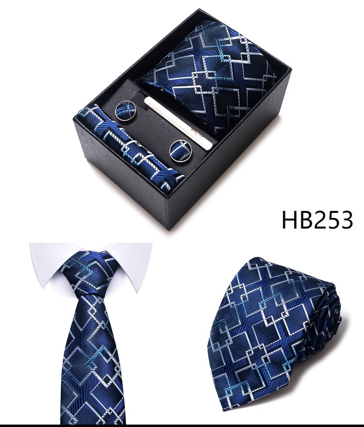 100% Silk Brand Tie Handkerchief Cufflink Set For Men Necktie Holiday Gift Box Blue Gold Suit Accessories Slim Wedding Gravatas