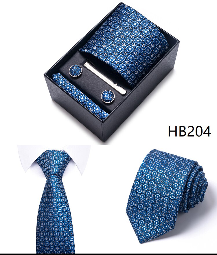 100% Silk Brand Tie Handkerchief Cufflink Set For Men Necktie Holiday Gift Box Blue Gold Suit Accessories Slim Wedding Gravatas