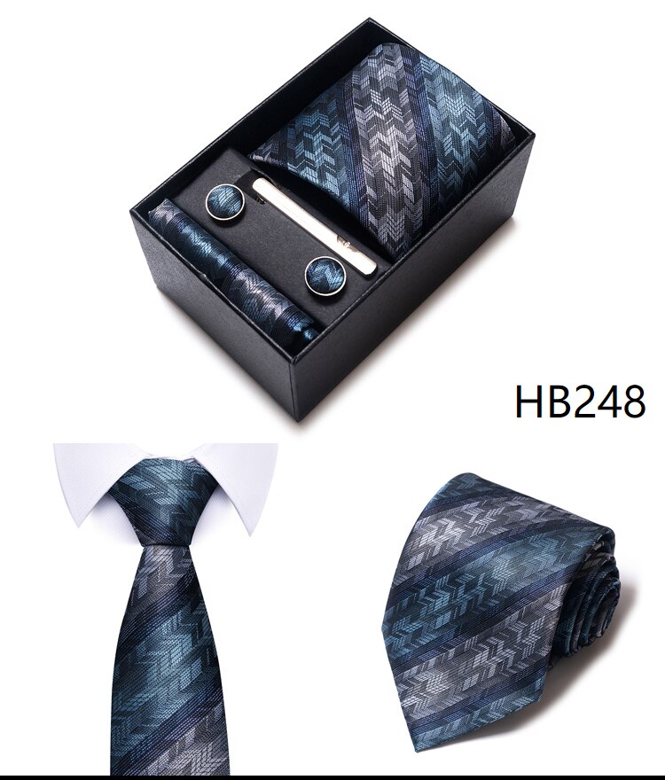 100% Silk Brand Tie Handkerchief Cufflink Set For Men Necktie Holiday Gift Box Blue Gold Suit Accessories Slim Wedding Gravatas
